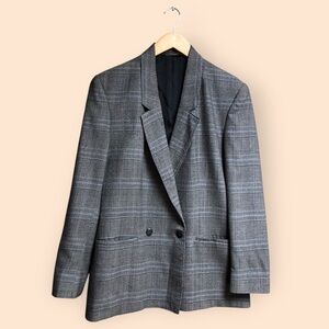 Vintage 80s Hyde Point Fashions Pure Wool Gray Plaid Blazer Jacket USA Women 8M